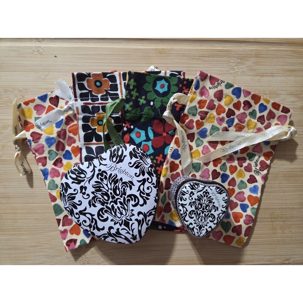 Brighton Drawstring Fabric Jewelry Pouch  Gift Bag Hearts 4 Bags + 2 Heart Tin